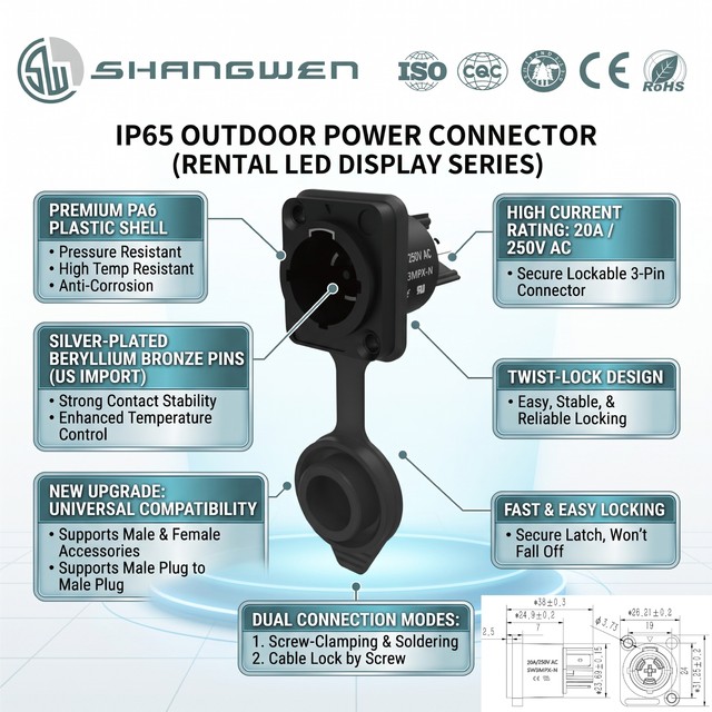 Outdoor IP65 3Pin Powercon Connector, Male Plug & Female Socket 20A 250V UL94-V0 PA6 Latch Lock Plated Cu Alloy Contacts