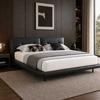 Modernes, umweltfreundliches Plattformbett mit schwarzem Echtlederbezug, Holzrahmen, gepolstertem Kopfteil und schlanken Beinen