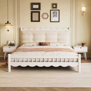 High Quality Solid Wood <b>Bed</b> Frame <b>with</b> Upholstered Tufted Headboard, Modern Platform <b>Bed</b> for Bedroom Furniture - Product Image 1