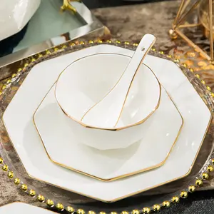 Vajilla de hueso blanco de China, juego de vajilla elegante, plato octogonal elegante, Bol, plato, juego de cena