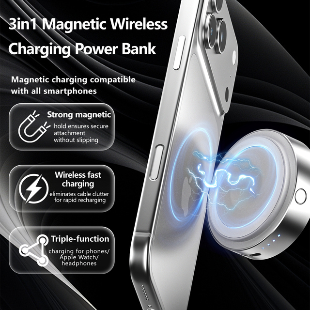 New 3-in-1 Magnetic Power Bank for Phone, Earphones, and Watch, Compact and Portable Magnetic Wireless Charging