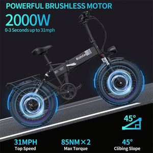 Bicicleta Eléctrica Plegable Ridstar de Doble Motor 2000w 48v para Adultos, Llanta Gruesa de 20 Pulgadas, Suspensión Delantera, Batería Integrada para Paseos Urbanos Q20 48V 2000W Trasera - Product Image 5