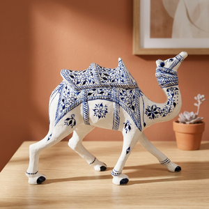 NIRMALA HANDICRAFTS - Figura de Camello Kathi de Cerámica Azul Hecha a Mano, con Patrón Floral, Estatua Tradicional India para el Hogar - Product Image 1