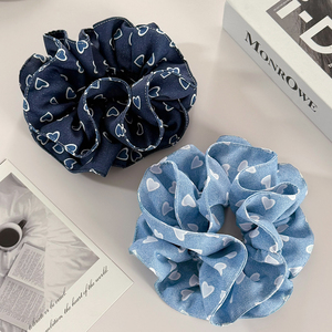 Retro grote haar scrunchies denim blauwe serie liefdeshart haarbandjes dubbele laag paardenstaart haar touw haaraccessoires voor vrouwen - Product Image 2