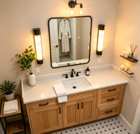 Meubles-lavabos de salle de bain classiques, armoire de rangement multi-tiroirs en bois massif avec lavabo en céramique et design personnalisé pour salle de bain