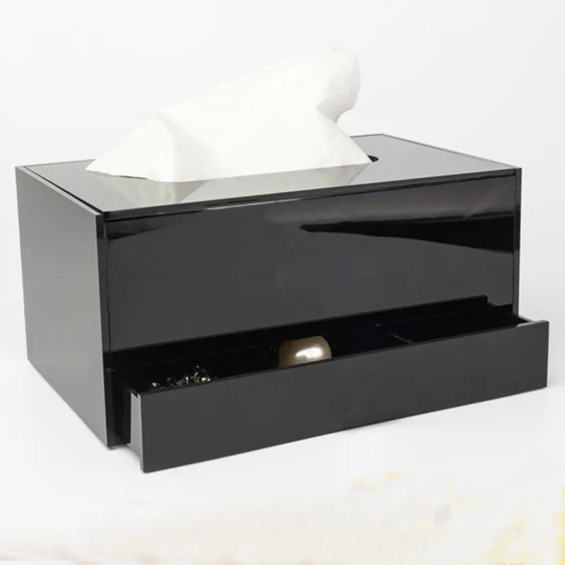 Pabrik Kustom Square Hitam Meja Meja Pmma Plexiglass Acrylic Penutup Kotak Tissue dengan Laci Akrilik Laci Organizer