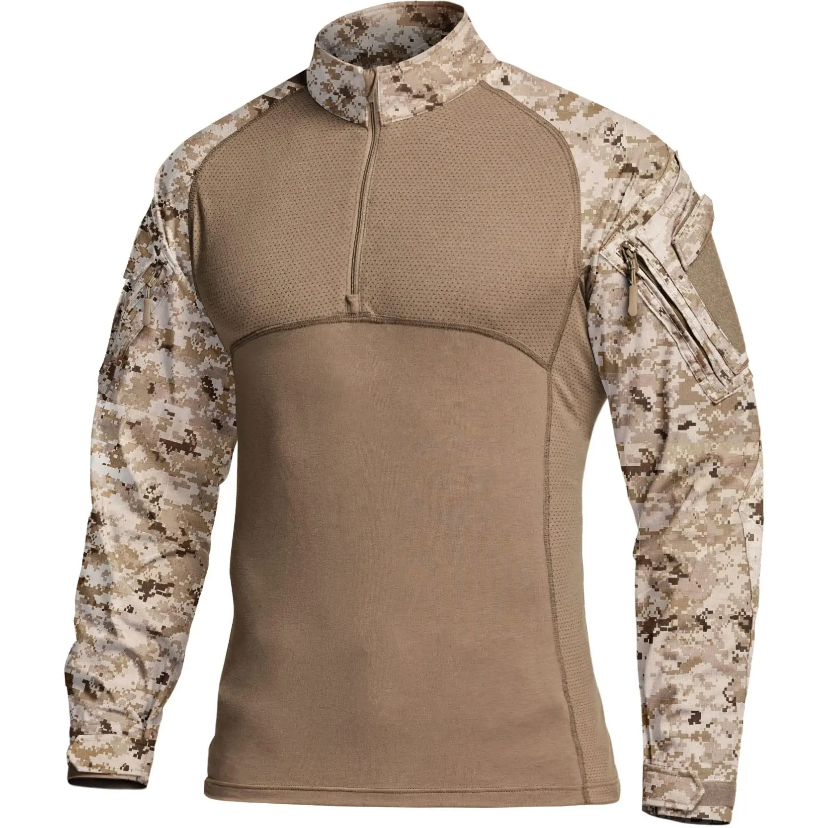 Custom Patchwork Camo Top Men's Combat Shirt Tactical 1/4 Zip Long Sleeve Shirts