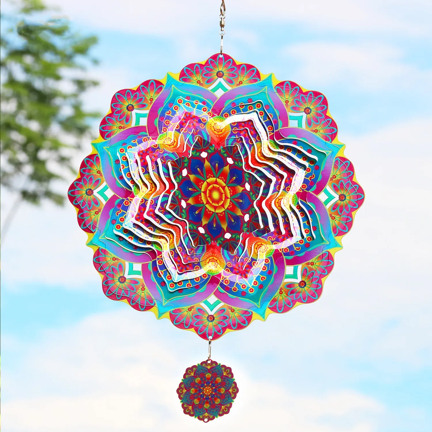 FL557 Herstellung 3D Kinetische Winddreher Mandala Edelstahl hängende Dekoration Windschläger Outdoor-Dekoration für Garten