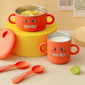 Ensemble de vaisselle pour enfants : <span class=keywords><strong>Assiette</strong></span>, bol à soupe et tasse en acier inoxydable avec motif de dessin animé mignon, cuillère et fourchette en PP durables et sûres - Product Image 4