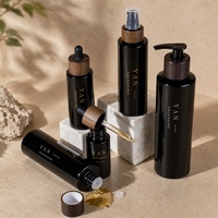 Envase YAN de Vidrio Violeta/Negro de 30ml/50ml con Gotero/Tapa de Rosca/Bomba de Madera Natural para Aceites Esenciales, Tónicos y Cremas
