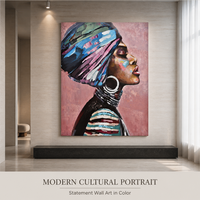 Portrait d'une femme africaine colorée, art mural, toile peinte à la main avec un foulard, pour la décoration moderne de la maison