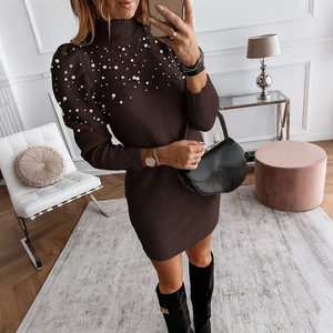 Vestido <span class=keywords><strong>de</strong></span> Suéter con Cuello Alto y Adornos <span class=keywords><strong>de</strong></span> Perlas <span class=keywords><strong>para</strong></span> Mujer, Manga Larga Abullonada, Ajustado, Mini, Elegante, Otoño Invierno, Tejido <span class=keywords><strong>de</strong></span> Punto 2026 - Product Image 3