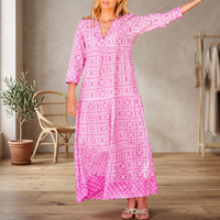 Robe longue rose imprimée 100 % coton, col en V, manches trois quarts, coupe trapèze, décontractée, ethnique, vintage, modeste, formelle pour femme