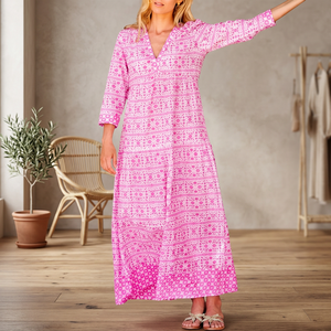 Robe longue rose imprimée 100 % coton, col en V, manches trois quarts, coupe trapèze, décontractée, ethnique, vintage, modeste, formelle pour femme - Product Image 1