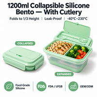 1200ml Quadratischer Zweistöckiger Zusammenklappbarer Silikon-Lebensmittelbehälter Auslaufsichere Bento-Lunchbox Faltbar Mikrowellen-, Spülmaschinen- und Gefriergeeignet