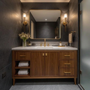Solid Wood Bathroom <b>Vanity</b> <b>Table</b> with Storage Drawers Modern Minimalist Design Made in Indonesia - Product Image 2