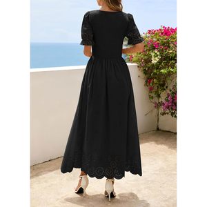 Vestido Maxi de Mujer con Ojales y Fruncido, Cuello Redondo, Manga Abullonada, Estilo Bohemio, para Fiesta, Fluido, de Verano, con Bolsillos, Tejido Transpirable - Product Image 4
