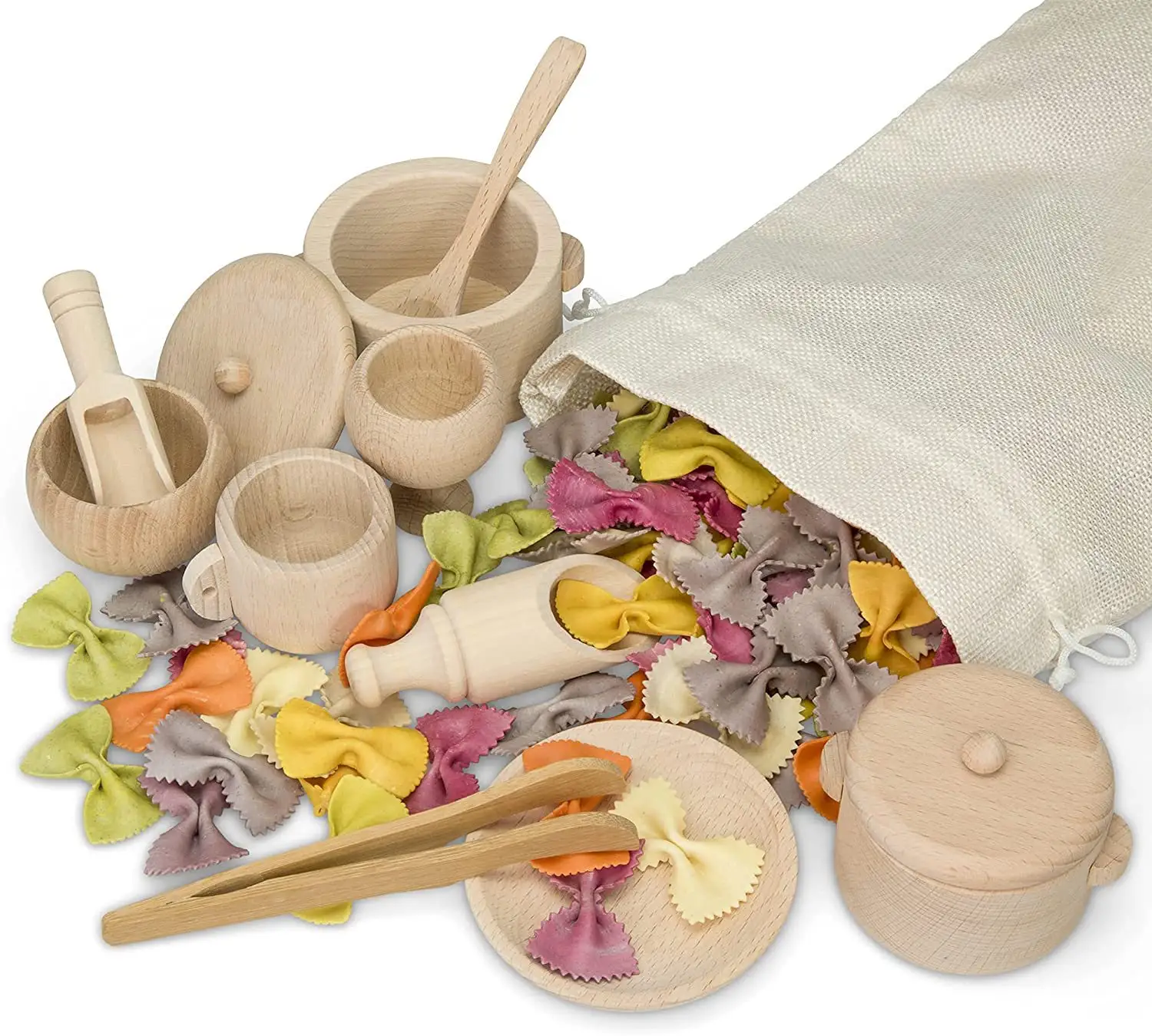 Nature wooden Sensory Bin Toys for Toddlers Montessori Toys, Pretend Play Dish and Tongs- Fine Motor Learning Toys