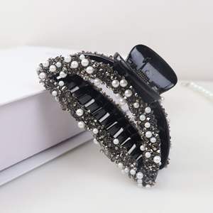 Pince à cheveux creuse de 9 cm avec strass scintillants et perles pour femmes et filles, pince requin en résine acétate acrylique, décoration capillaire pour fêtes - Product Image 5