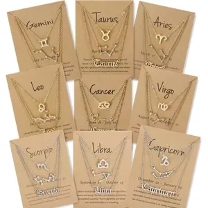 3 Pcs/Set Plaqué Or Symbole du Zodiaque Ciel Étoilé Lettre Anglaise Horoscope Collier 12 Signe du Zodiaque Pendentif Collier Pour Femmes