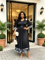 Ventes directes d'usine Sheen, robe longue maxi pour femmes, élégante, de haute qualité, originale, tendance, grande taille, plissée, manches courtes, style Miyaki