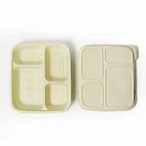 Beyaz renk mısır nişastası tek kullanımlık yemek kabı 4 bölmeli yemek kutusu biyobozunur paket servisi olan restoran Fast food konteyner kapaklı