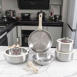 304 Stainless Steel Classic Electromagnetic Gas Full Set Cookware Non-Stick Household Kitchenware Detachable <b>Handle</b> Frying <b>Pan</b> - Product Image 1