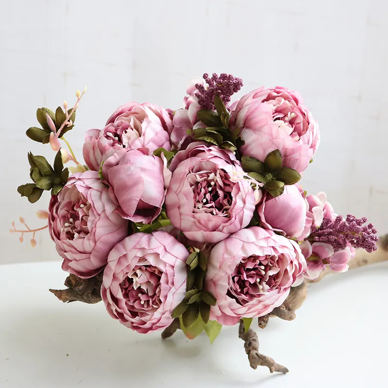 Vente chaude 6 Fleurs 2 Bourgeons Soie Tissu Bouquet De Fleurs Artificielles Pivoine Pour Les Fournitures De Mariage