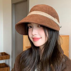 Sombrero de Pescador Estilo Coreano para Mujer, Gorra de Pana con Visera, Diseño a Cuadros, Protección Solar, Cálido, Transpirable, Casual, para Primavera y Otoño - Product Image 3