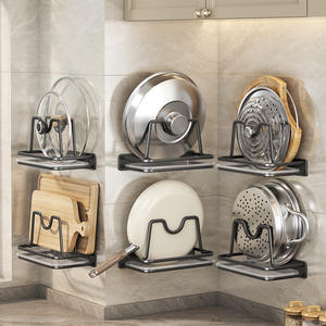 ชั้นวางฝาหม้อแบบติดผนังชั้นเดียวสีดำและสีเทาติดตั้งแบบไม่ต้องเจาะสำหรับจัดเก็บในครัวรูปทรงสี่เหลี่ยมผืนผ้า - Product Image 2