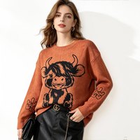 Pull en tricot pour femme, col rond, style bohème champêtre, imprimé vache des Highlands, résistant aux plis, polyester doux, polyvalent, vêtement décontracté