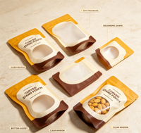 Sachet d'emballage Mylar à fermeture éclair avec fenêtre transparente mate de qualité alimentaire, personnalisable avec logo, pour amandes, noix de cajou et autres snacks, avec encoche de déchirement et base stable