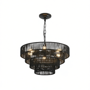 Lustre rustique bohème à 4 niveaux en corde de chanvre noire, 20 pouces, fait main, douilles E12, luminaire de plafond pour salle à manger - Product Image 1