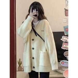 كارديجان محبوك بياقة V على الطراز الكوري، فضفاض ونحيف، متوسط الطول، بلون موحد، مناسب للخريف والشتاء للنساء - Product Image 4