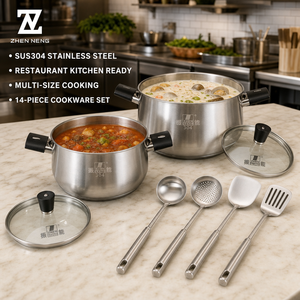 Casseroles en acier inoxydable Zhenneng pour cuisines familiales, assortiment <span class=keywords><strong>de</strong></span> 14 pièces SUS304 avec couvercles en verre trempé, compatibles <span class=keywords><strong>gaz</strong></span> et induction - Product Image 2