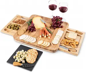 Premium Bamboo Cheese Board Charcuterie Serving Board Platter And Knife Set With Hidden Slid-out Drawer