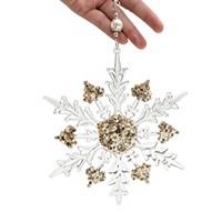 Nouveautés Noël 2026 : Grandes perles pendentifs flocon de neige doré scintillant, couleur champagne, en acrylique transparent