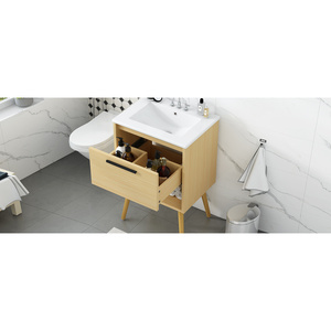 Tocador de baño multifuncional DB 24 \ "con lavabo de cerámica, combinación de cajones de tablero MDF de melamina, acabado Natural - Product Image 1