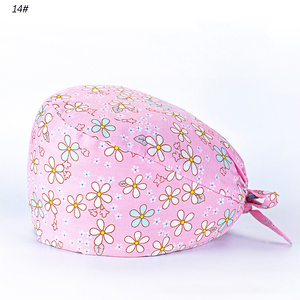 Nuevo estilo 100% algodón salón de belleza Pet <span class=keywords><strong>Hospital</strong></span> Scrub sombreros dentista enfermera gorra patrón impreso gorra quirúrgica con botón y corbata - Product Image 3