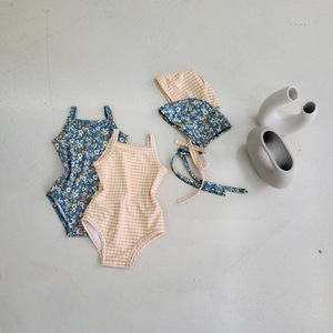 Traje de Baño de una Pieza con Tirantes para Bebés Niñas, Estilo Coreano, con Estampado de Lunares y Cuadros, con Capucha, sin Mangas, Material de Nailon - Product Image 3