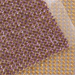 Shiny Gold Aluminum Base Purple Crystal Rhinestone Mesh Heat Transfer Hot Fix Rhinestone Sheet For Clothes