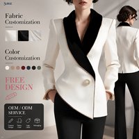 Blazer ajusté asymétrique pour femme, col en V, manches longues, revers contrastant, boutons perlés, en polyester et coton, blanc et noir, idéal pour le bureau