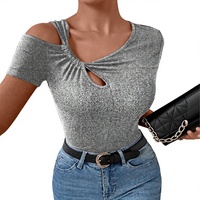 Kaos Pendek Wanita Eropa Musim Gugur Terbaru Bordir Asimetris Kerah Miring Bahan Denim/Kanvas Simpel Elastis untuk Sehari-hari Model Bertumpuk