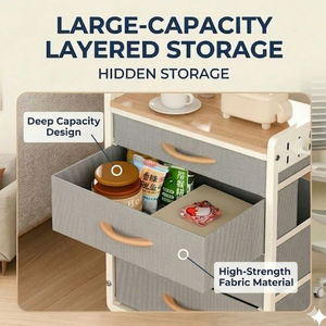 Table de chevet avec roulettes, table de chevet avec panneau perforé, table de chevet pour chambre à coucher, table d'appoint à 3 niveaux avec tiroirs en tissu - Product Image 3