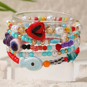 Set di Bracciali Vintage Multicolore con Perline, Design Boho con Cuore, Pesce e Occhio <span class=keywords><strong>del</strong></span> Diavolo, Accessorio per Spiaggia e Vacanze - Product Image 5