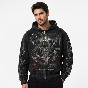 Men's Trending Punk Style <b>Hoodie</b> Zipper <b>Skeleton</b> Print Oversized Fit Street wear Custom Design Rhinestone Detailing - Product Image 1