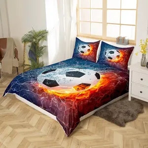 Football Comforter Cover Soccer Sports Abstract Ice and Fire Art Design Teens Boys Youth Cool Navy Blue Bedroom Decoration