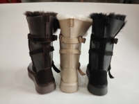 Bottes d'hiver pour femmes en cuir véritable mi-mollet avec col en fourrure de mouton, doublure en fausse fourrure, semelle plateforme pour les jours de neige