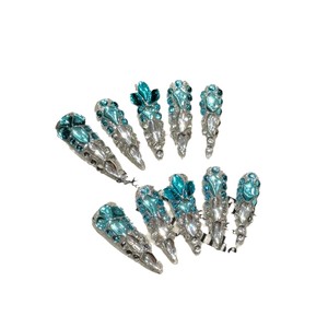 Faux ongles de luxe français à couverture complète, motif bleu scintillant sous-marin, infusés de diamants, en ABS, à presser, portables - Product Image 4