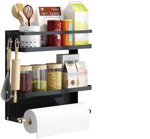 Magnetic Spice Rack Organizer 2 Tier Refrigerator Storage Shelf with Paper Towel Holder and Removable Hooks